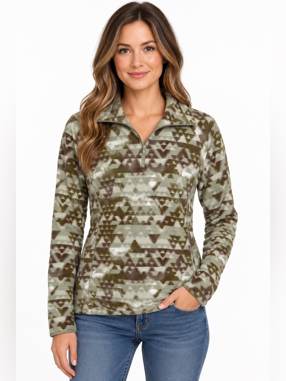 Columbia Women’s Quarter Zip Fleece Pullover Green Brown Print Small